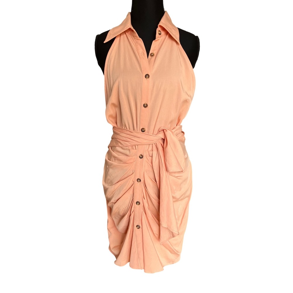 NWTS Mable Peach Halter Neck Ruched Mini Dress Tie Waist‎ L Summer Beachy